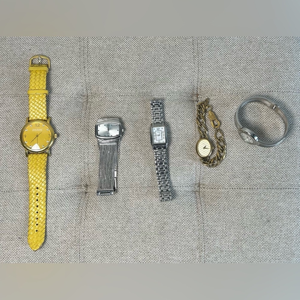Lot of 5 Womens Watches Guess Steel Joan Rivers Eikon Quartz Timex Quartz As Is